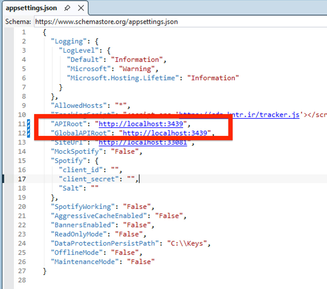 APIRoot and GlobalAPIRoot changed to localhost:3439
