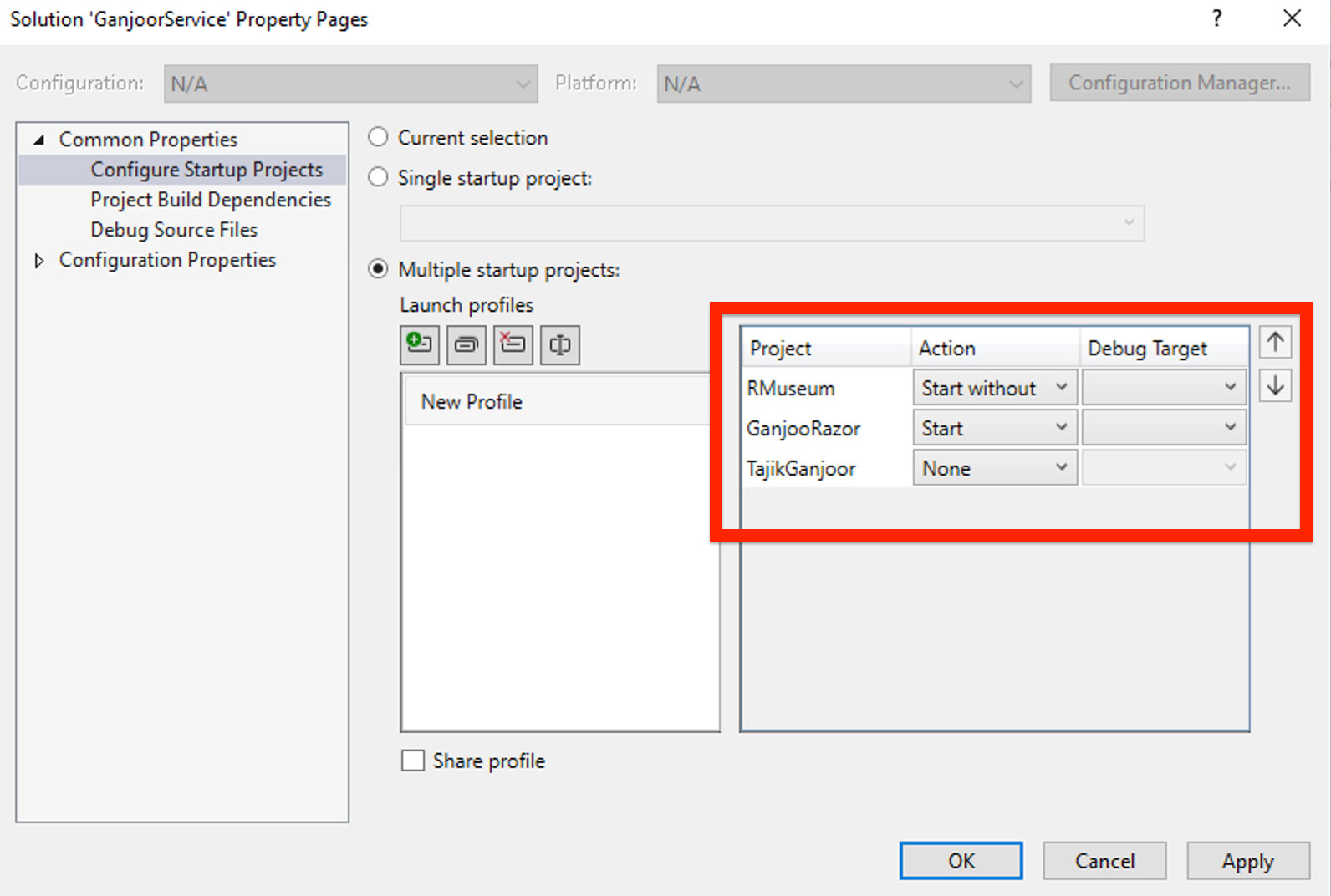 Multiple startup projects dialog: RMuseum start without debugging, GanjooRazor start, TajikGanjoor none